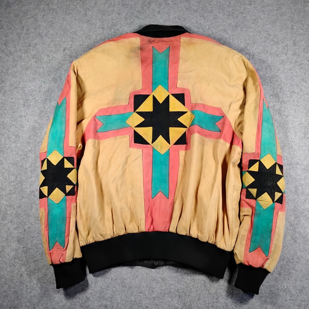Vintage Michael Hoban USA Mens 46 Leather Bomber Jacket Geometric Star Aztec